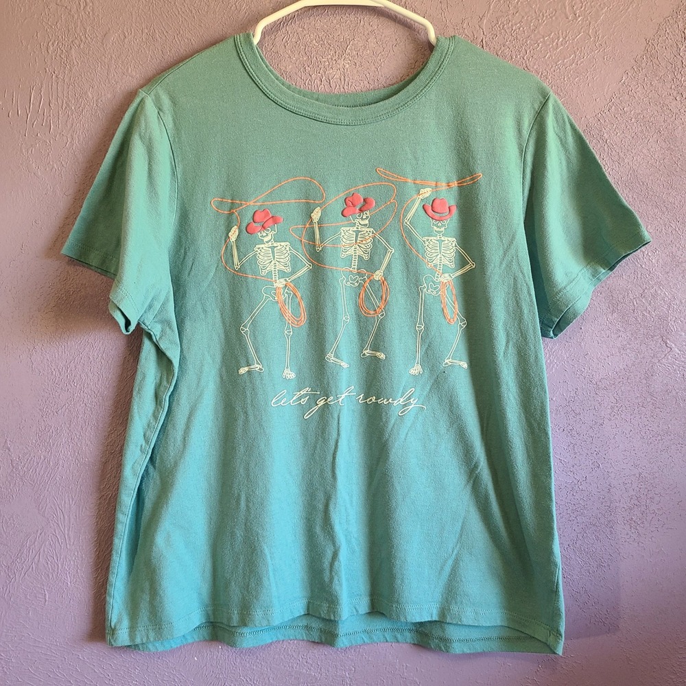 Zoe + Liv Graphic Tee Women XL Teal Skeleton Cowboy Let's Get Rowdy Short Sleeve